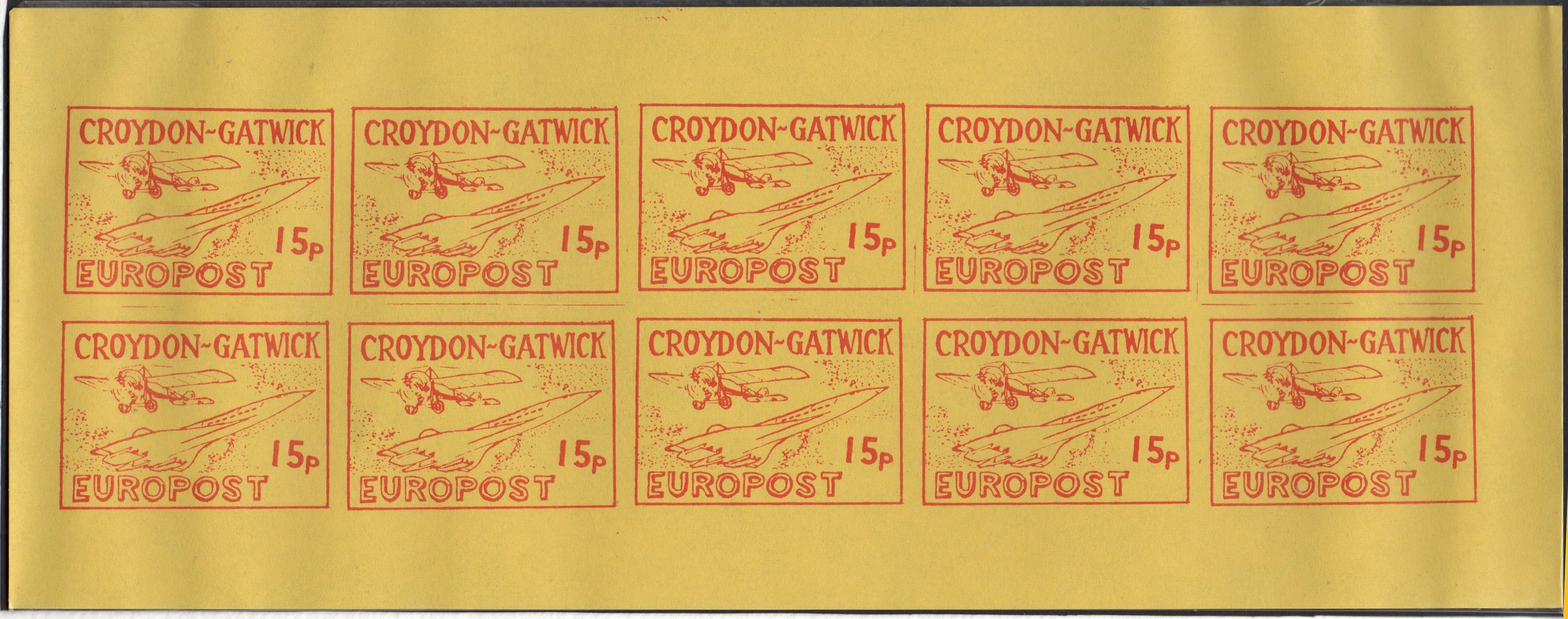 Croydon Gatwick Strike Post Stamps 1971 15p Concorde design, 43.5 mm wide Imperforate sheet/10 used for First Issue 